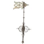 18th Century part gilded bronze emblematic flag shaped weather vane, the decorative arms with scroll