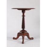 Victorian burr walnut occasional table, the circular top with carved edge above the turned spiral