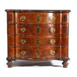 19th Century Dutch elm and walnut serpentine chest of drawers, the deep crossbanded top above four