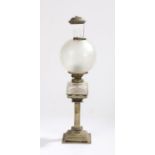 Hinks & Son oil lamp, the clear glass chimney with attached cap, the frosted globe form glass