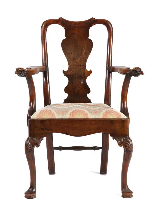 George III style mahogany armchair, the arched and scroll top rail above a wide splat and drop in