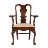 George III style mahogany armchair, the arched and scroll top rail above a wide splat and drop in