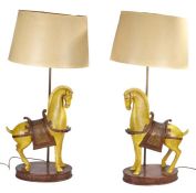 Pair of decorative porcelain lamps, in the style of Tang Dynasty horses, in mustard yellow glaze and