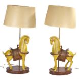 Pair of decorative porcelain lamps, in the style of Tang Dynasty horses, in mustard yellow glaze and