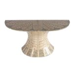 Decorative marble veneered console table, the demi-lune top with stylised feather design above a