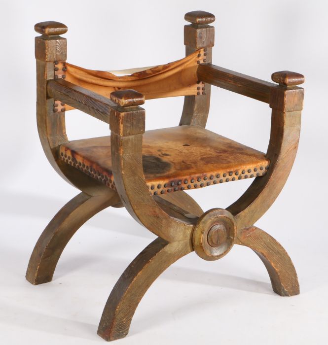 Unusual early 20th throne armchair, the leather back above a leather seat and arched front and - Image 3 of 3