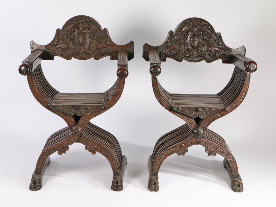 Pair Italian walnut Savonarola chairs, 18th Century and later, the arched back supports with a - Image 2 of 3