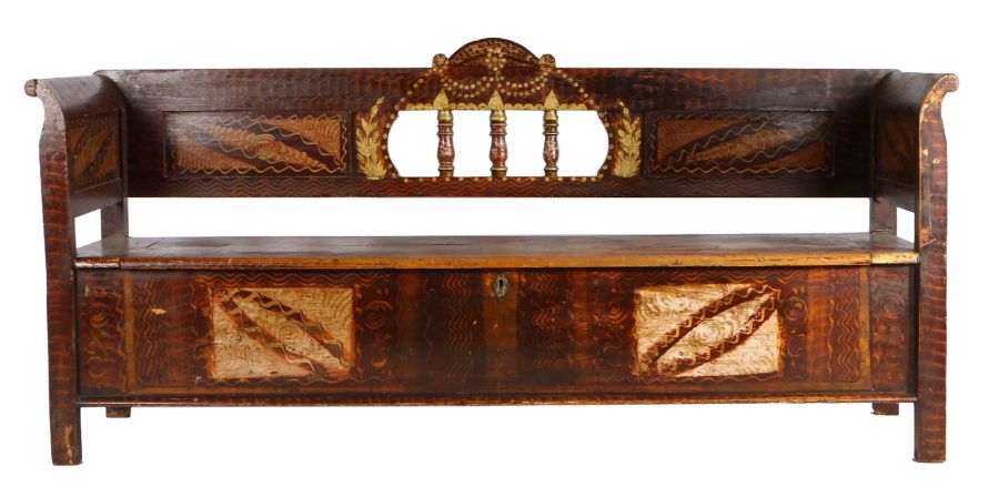 20th Century Transylvanian marriage bench, with a faux grained design in browns and yellows the back