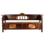 20th Century Transylvanian marriage bench, with a faux grained design in browns and yellows the back