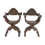Pair Italian walnut Savonarola chairs, 18th Century and later, the arched back supports with a