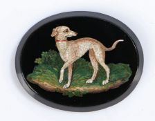 19th Century Italian Micro Mosaic panel, of a dog standing with the paw raised, 42mm diameter