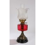 Late 19th Century oil lamp, with clear glass chimney and white frosted glass shade with etched