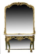 An impressive 19th Century mirror backed parcel gilt console table, the large overmantle mirror