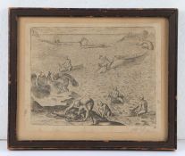 Rare 16th Century whale hunting engraving, by Theodore de Bry, Harpooning Whales, circa 1590,