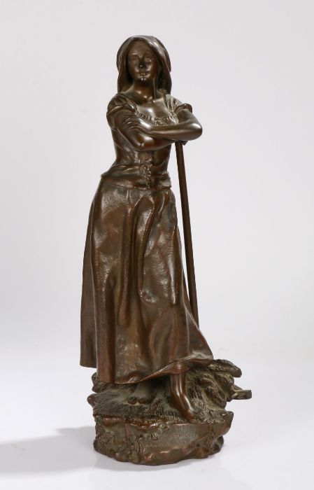 Henri Godet (1863-1937), "Glaneuse", bronze sculpture depicting a lady leaning on her rake, titled - Image 2 of 2