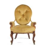 Victorian mahogany armchair, of small proportions, the oval pad button back above a stuff over