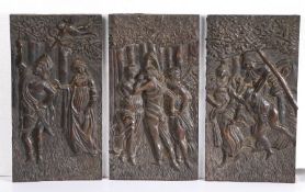 Three late 19th/early 20th Century relief carved oak panels, depicting classical scenes with figures