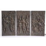 Three late 19th/early 20th Century relief carved oak panels, depicting classical scenes with figures