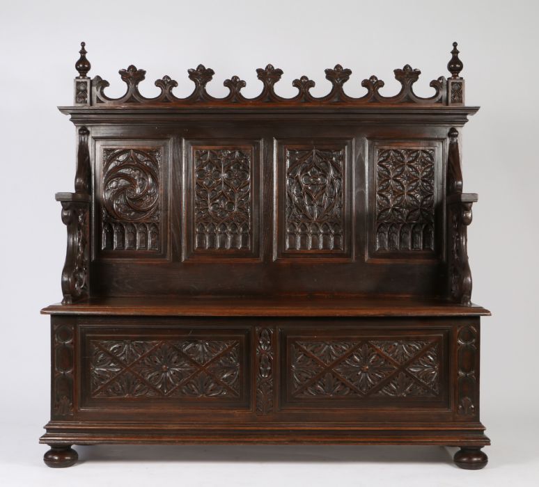 Gothic style oak hallway bench, the pediment with leaf capped arches flanked by turned finials above - Image 2 of 2