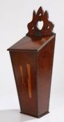 19th Century mahogany and satinwood inlaid cutlery box, the fret pediment above a hinged angled