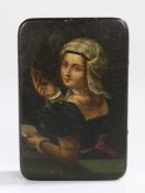 19th Century Russian papier mache box, the cover hand painted with depiction of a young lady holding