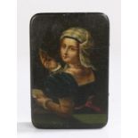 19th Century Russian papier mache box, the cover hand painted with depiction of a young lady holding