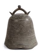 Chinese bronze bell, the arched handle above a flared bell body decorated with a figural scene among
