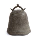 Chinese bronze bell, the arched handle above a flared bell body decorated with a figural scene among