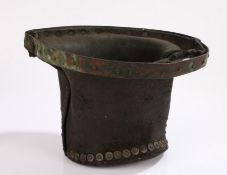 Unusual 19th Century leather fire bucket, the warped leather butt with a metal frame to the top