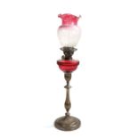 Richard Evered & Sons oil lamp, with clear glass chimney, the flared ruby and clear glass shade with