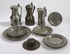 Collection of 18th and 19th Century pewter, to include an inkwell, three lidded jugs and a selection