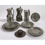 Collection of 18th and 19th Century pewter, to include an inkwell, three lidded jugs and a selection