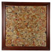 19th Century embroidered panel, the large bright panel with a central design of a cluster of