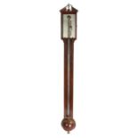 19th Century mahogany stick barometer, Neale & Bailey London, the pediment flanking a gilt urn above