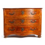19th Century German walnut serpentine chest of drawers, the top with wide feather banding above