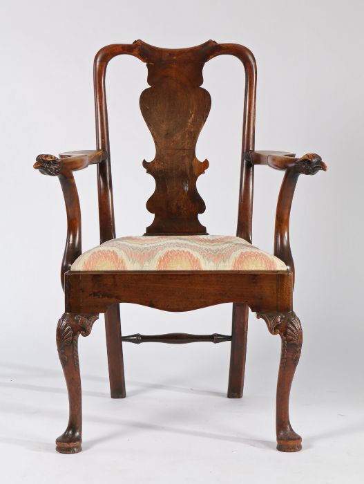 George III style mahogany armchair, the arched and scroll top rail above a wide splat and drop in - Image 2 of 3