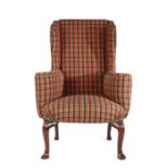 George I style walnut and upholstered wing armchair, the stuff over upholstered back and seat with