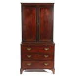 George III mahogany bookcase on chest, the concave cornice above a pair of panelled doors