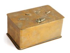 Unusual 19th Century brass combination table tobacco box, the rectangular lid with four locking