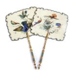 Pair of Regency handheld face screens, painted with birds and flowers above the gilt turned handles,