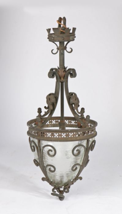 20th Century hanging lantern/light, the scrolling metal frame surmounted by a crown and pointed - Image 2 of 2