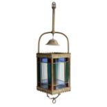 Late 19th century brass hanging lantern, with four leaded stained glass panels, 62cm high