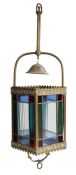Late 19th century brass hanging lantern, with four leaded stained glass panels, 62cm high