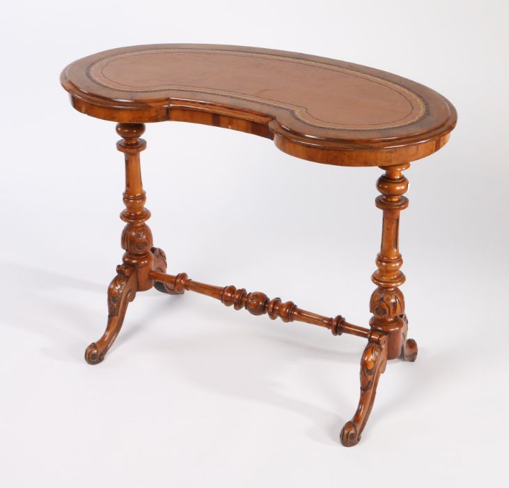 Victorian walnut kidney shaped writing table, the leather inset top above a pair of turned columns - Image 3 of 3