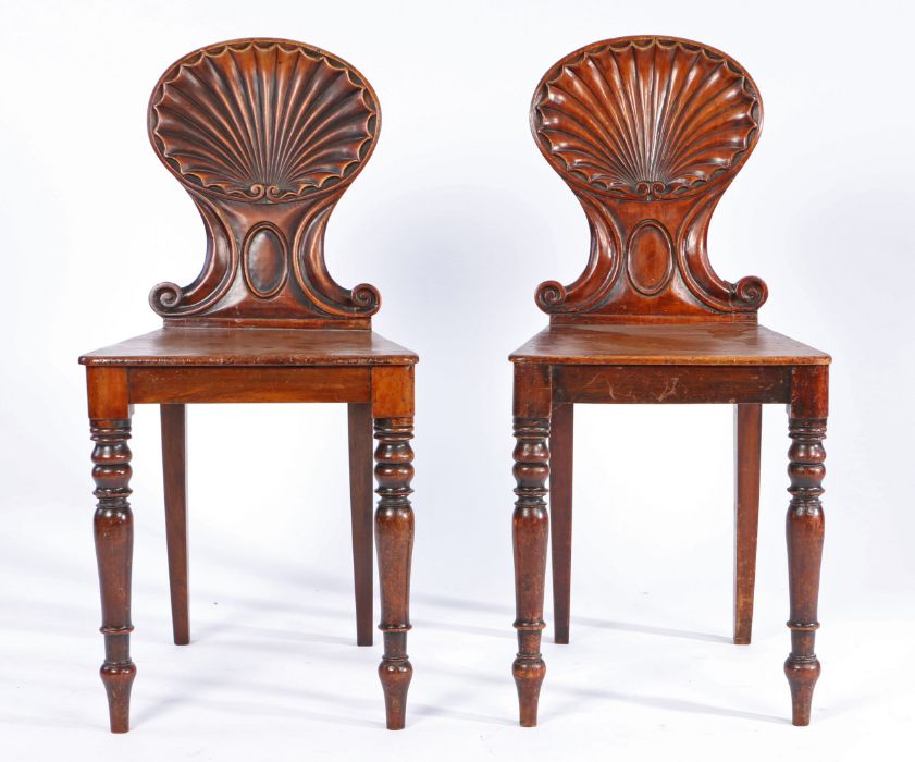 Pair of George III mahogany carved shell back hall chairs, possibly by Gillows of Lancaster, the - Image 2 of 3