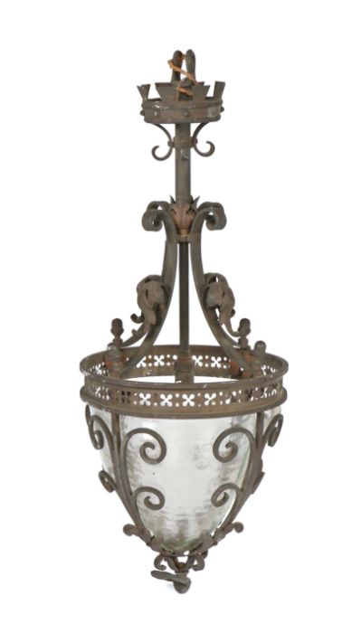 20th Century hanging lantern/light, the scrolling metal frame surmounted by a crown and pointed