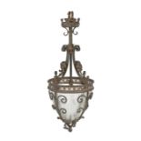 20th Century hanging lantern/light, the scrolling metal frame surmounted by a crown and pointed