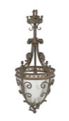 20th Century hanging lantern/light, the scrolling metal frame surmounted by a crown and pointed