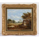 Joseph Thors (British, fl.1863-1900) Rural landscape with figure outside cottage, livestock to