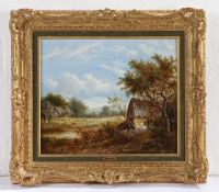 Joseph Thors (British, fl.1863-1900) Rural landscape with figure outside cottage, livestock to